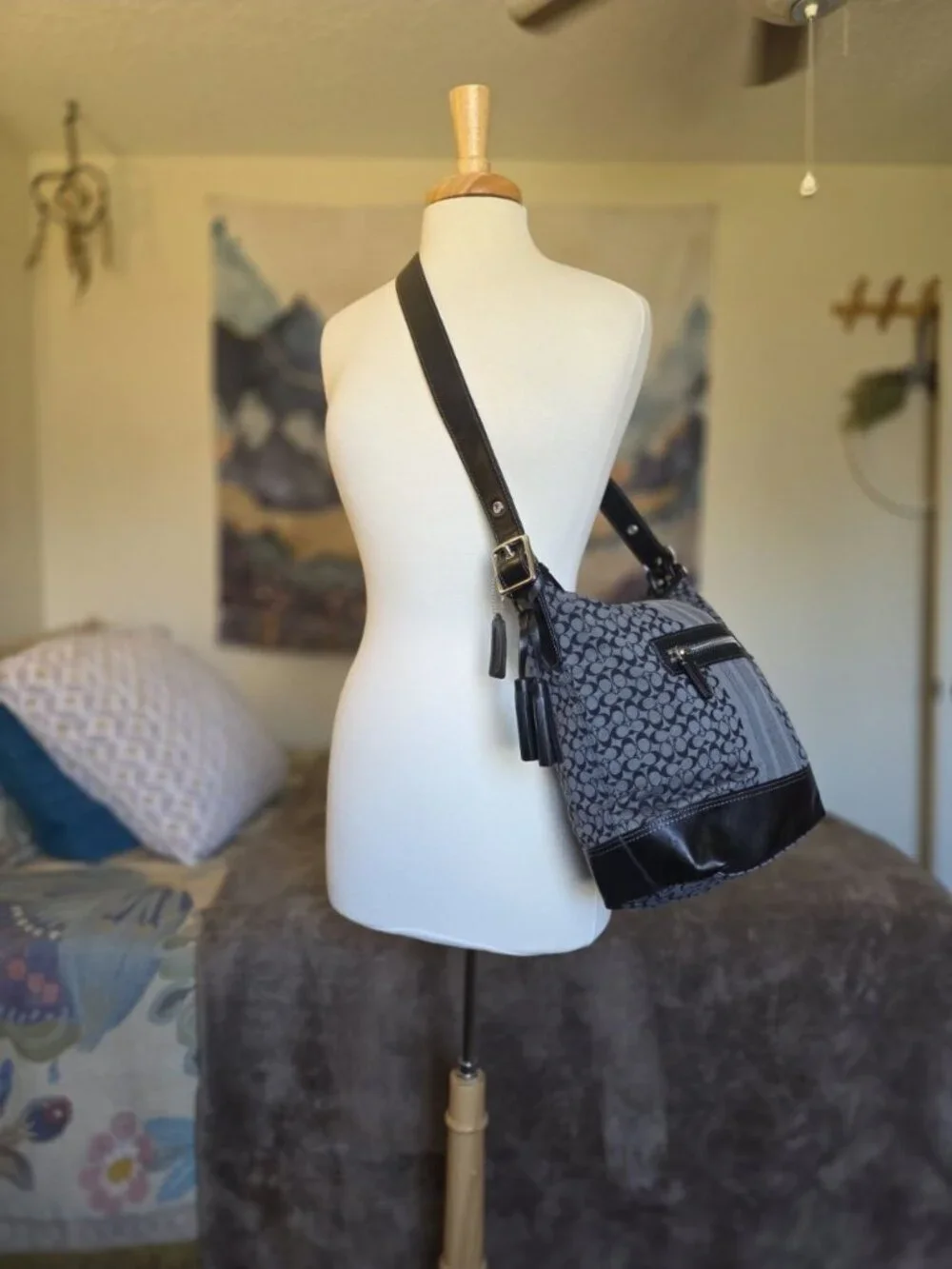 Coach Legacy 19918 Black Gray Signature Stripe Jacquard Duffle Shoulder Bag